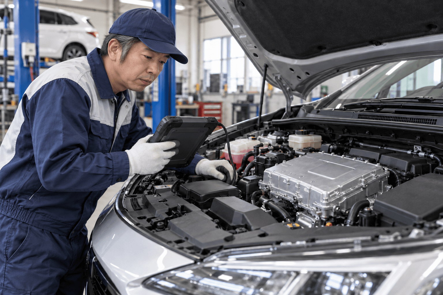 整備士がハイブリッド車の状態を診断機で確認する様子